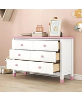 Streamdale Furniture Wooden Storage Dresser With 6 Drawers, Storage Cabinet For Kids Bedroom, White+Pink