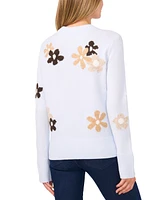 CeCe Women's Flower Patterned Knit Crewneck Sweater