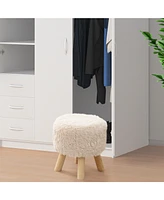 Sugift Round Footstool Ottoman Faux Fur Footrest with Padded Seat and Rubber Wood Legs
