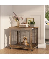 Streamdale Furniture Grey Dog Crate Side Table on Wheels with Double Doors & Lift Top, 31.50"W x 22.05"D x 25"H