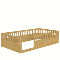 Twin Floor Bed Frame with Fence, Wood Kids Floor Beds Frame for Bedroom Playroom, Natural date Jun. 21st)