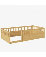 Simplie Fun Twin Floor Bed Frame with Fence, Wood Kids Floor Beds Frame for Bedroom Playroom, Natural date Jun. 21st)