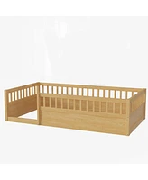 Simplie Fun Twin Floor Bed Frame with Fence, Wood Kids Floor Beds Frame for Bedroom Playroom, Natural date Jun. 21st)