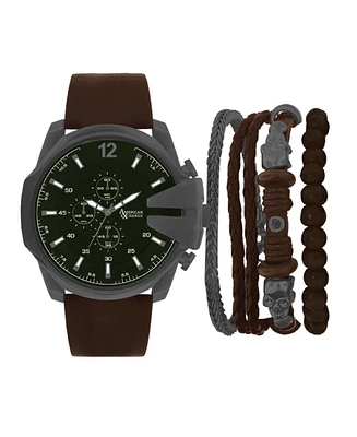 American Exchange Men's Brown Leather Strap Analog Watch 52mm with Stackable Bracelets Gift Set