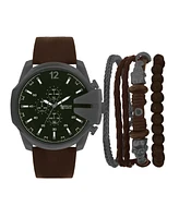 American Exchange Men's Brown Leather Strap Analog Watch 52mm with Stackable Bracelets Gift Set