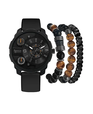 American Exchange Men's Black Rubber Strap Analog Watch 55mm with Stackable Bracelets Gift Set