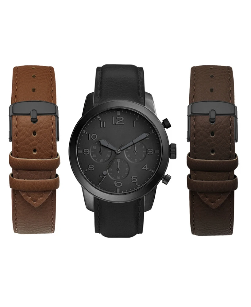 American Exchange Men's Black Polyurethane Leather Strap Analog Watch 44mm Gift Set