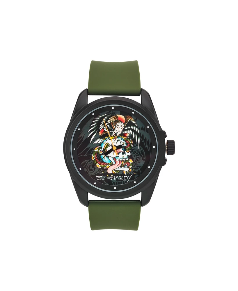 Ed Hardy Men's Matte Olive Silicone Strap Analog Watch 46mm