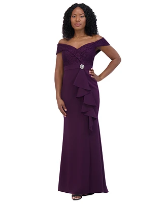 Jessica Howard Women's Off-The-Shoulder Ruffle-Front Gown