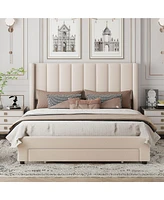 Simplie Fun Queen Size Storage Bed Velvet Upholstered Platform Bed with a Big Drawer - Beige