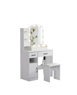 Simplie Fun White Vanity Desk Set with Lighted Mirror & Upholstered Stool