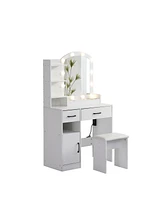 Streamdale Furniture White Vanity Desk Set with Lighted Mirror & Upholstered Stool