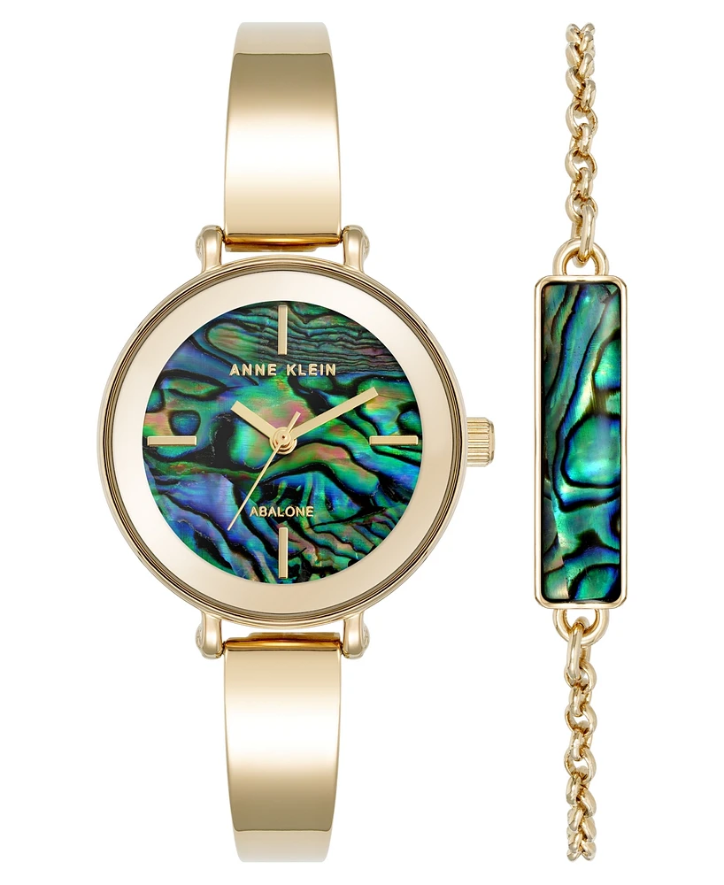 Anne Klein Women's Quartz Round Abalone Gemstone Gold-Tone Alloy Metal Bangle Watch Set, 30mm - Blue/Green/Gold