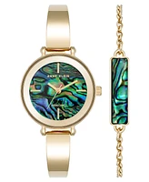 Anne Klein Women's Quartz Round Abalone Gemstone Gold-Tone Alloy Metal Bangle Watch Set, 30mm - Blue/Green/Gold