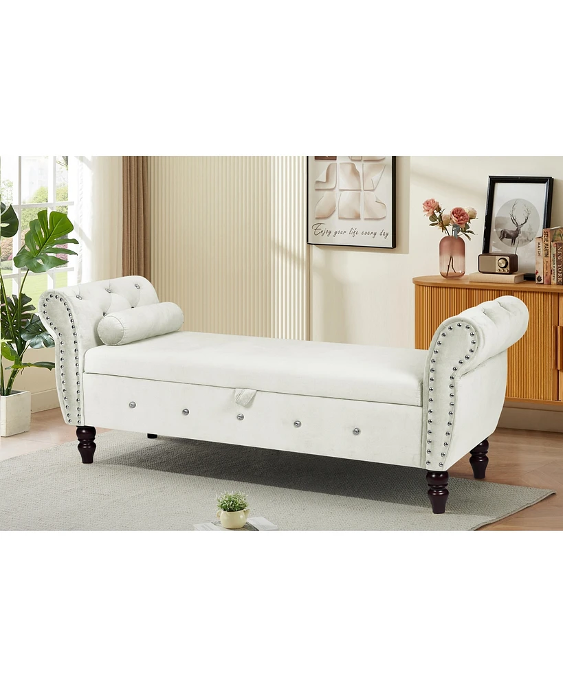 Simplie Fun Velvet Storage Ottoman Bench with Crystal Buckle, Solid Wood Legs, Pillow