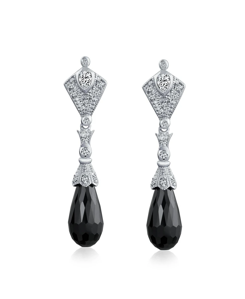 Bling Jewelry Deco Style Black Teardrop Faceted Briolette Cubic Zirconia Pave Cz Prom Evening Dangle Earrings Sterling Silver