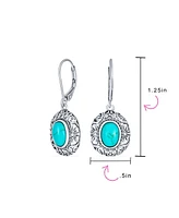 Bling Jewelry Floral Scroll Milgrain Blue Natural Turquoise Dome Oval Dangle Drops Earrings For Women Lever Back Oxidized Sterling Silver