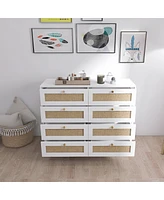 Streamdale Furniture White Color 8 Drawers Chest Of Drawers With Rattan Drawer Face Golden Legs And Handles