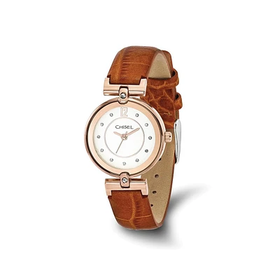 Chisel Rose Ip-plated White Dial Brown Leather Watch