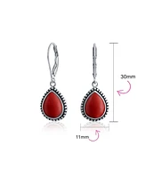 Bling Jewelry Western Style Dark Red Burgundy Natural Stabilized Turquoise Pear Shaped Teardrop Lever Back Dangle Drop Earrings Oxidized Sterling Silv