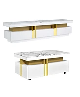 Elevated Home Decor Luxurious Marble Tv Stand and Coffee Table with Easy Mobility