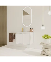 Sleek White Diamond-Pattern Vanity with Drop-Shaped Resin Sink and Metal Handles