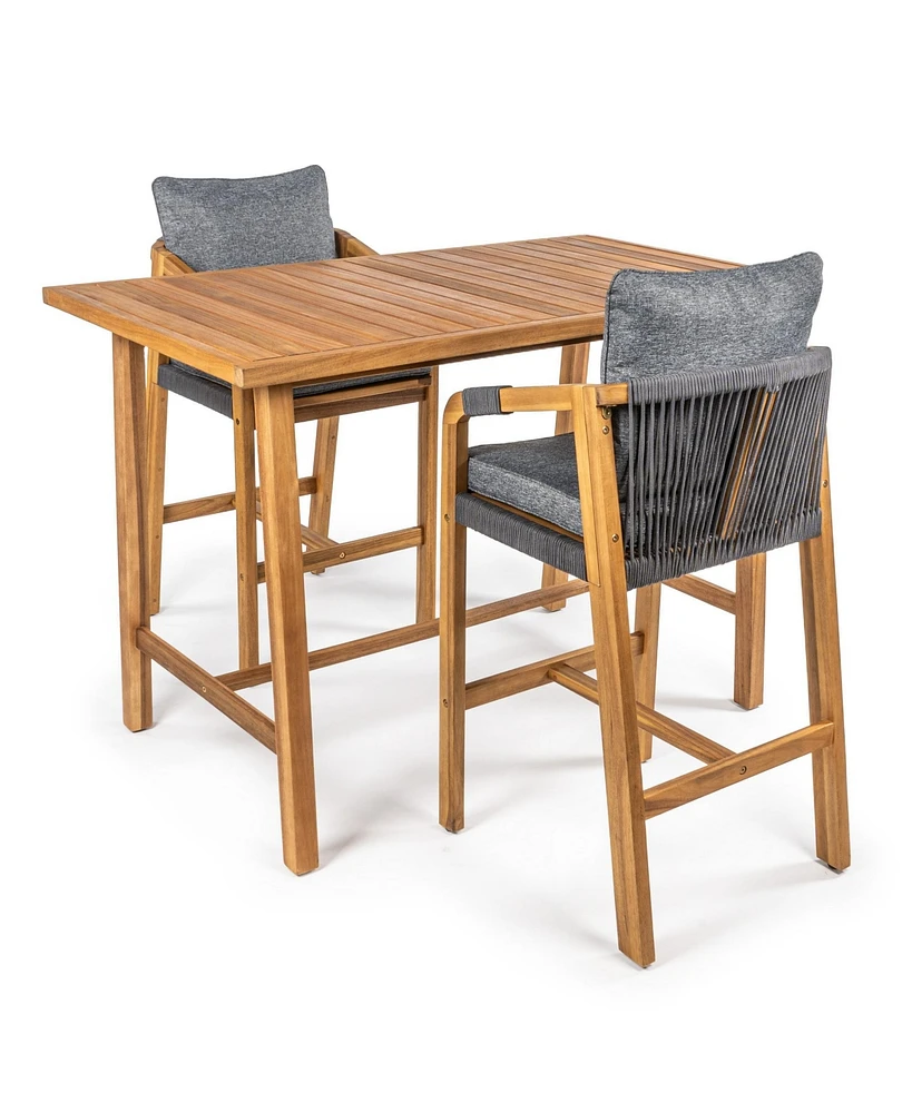 Jonathan Y Porto Modern Coastal 3-Piece Acacia Wood Outdoor Bar Set with Cushions