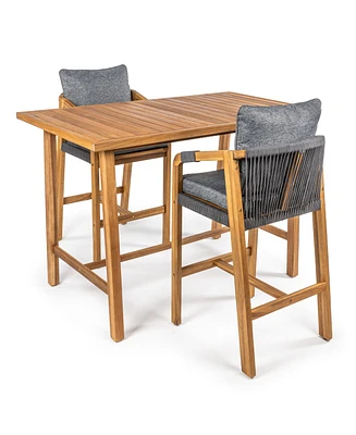 Jonathan Y Porto Modern Coastal 3-Piece Acacia Wood Outdoor Bar Set with Cushions