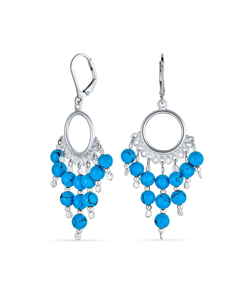 Bling Jewelry Ethnic Indian Style Blue Stimulated Turquoise Fringe Tassel Beads Chandelier Earrings For Women Sterling Silver Lever Back