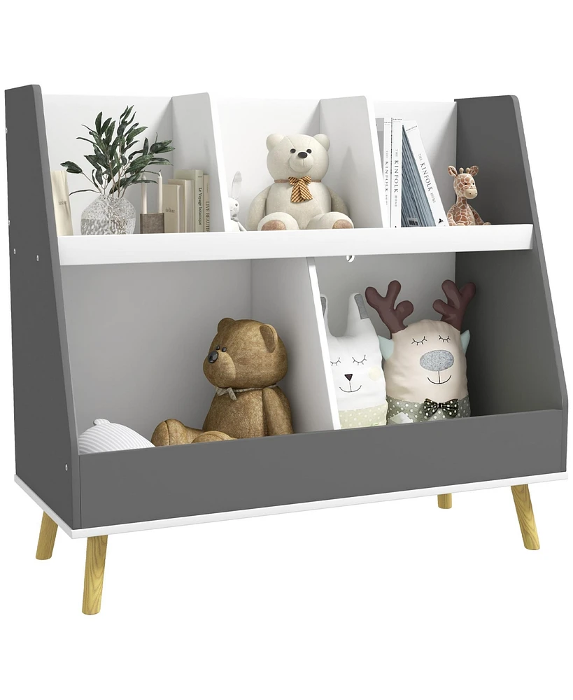 Qaba 2 Tier Kids Bookcase Toy Shelf with 5 Compartments, Gray