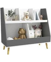 Qaba 2 Tier Kids Bookcase Toy Shelf with 5 Compartments, Gray