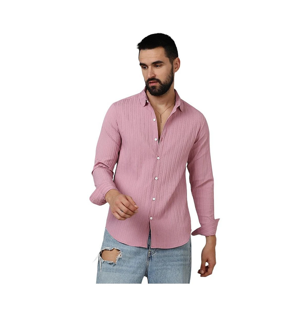 Campus Sutra Men's Salmon Pink Self-Design Striped Shirt