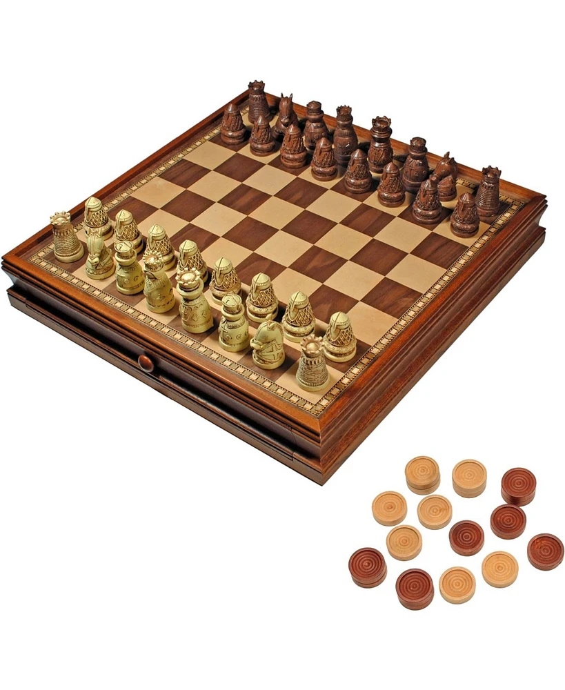 We Games Medieval Chess & Checkers Game Set - Wood Board with Storage Drawers 15 in.