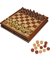 We Games Medieval Chess & Checkers Game Set - Wood Board with Storage Drawers 15 in.