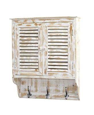 Slickblue White Washed Wall Cabinet with Hooks - Rustic Storage for Entryway or Bathroom