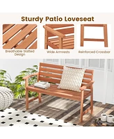 Sugift Patio Solid Wood Bench Wood 2-Seat Chair with Breathable Slatted Seat & Inclined Backrest