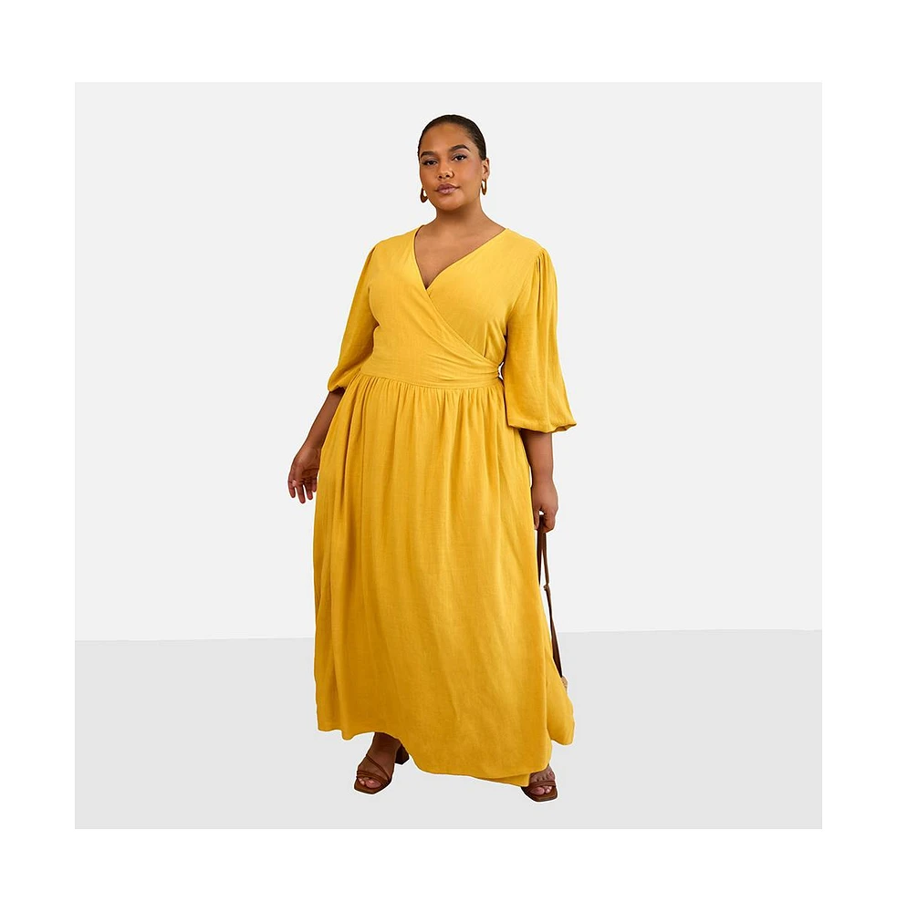 Rebdolls Plus Bette Linen Ballon Sleeve Maxi A Line Dress