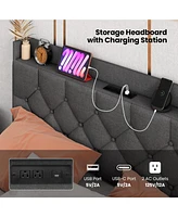 Floating Bed Frame with Led and Headboard Charging Station