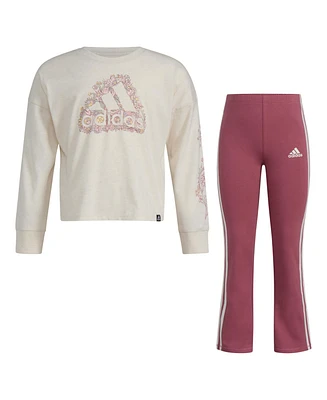 adidas Little & Toddler Girls Long Sleeve Graphic Heather Tee Flare Pant, 2-Piece Set