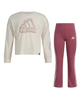 adidas Little & Toddler Girls Long Sleeve Graphic Heather Tee Flare Pant, 2-Piece Set