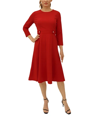 London Times Women's Crewneck 3/4-Sleeve Fit & Flare Dress