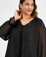 Kasper Plus Split-Front Metallic-Threaded Sheer-Sleeve Top