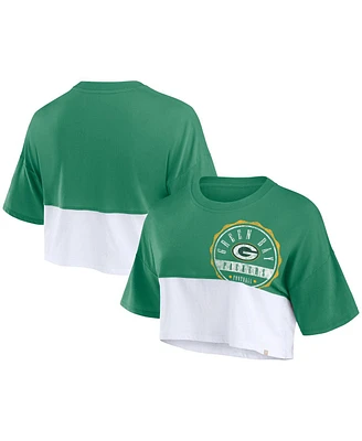 Fanatics Women's Green/White Green Bay Packers Boxy Color Split Cropped T-Shirt