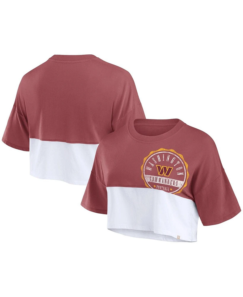 Fanatics Women's Burgundy/White Washington Commanders Boxy Color Split Cropped T-Shirt