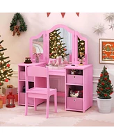 Costway Kids Vanity Table & Chair Set 2-in-1 Princess Pretend Play Makeup