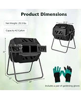 Costway 42-Gal Compost Bin Dual Chamber Composting Tumbler with 2 Sliding Doors Metal Frame