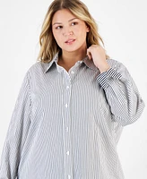 Anne Klein Plus Cotton Striped Long-Sleeve Blouse