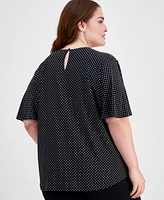 Anne Klein Plus Dot-Print Cut-Out Pleated-Neck Top, Created for Macy's