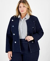 Anne Klein Plus Open-Front Collarless Denim Jacket