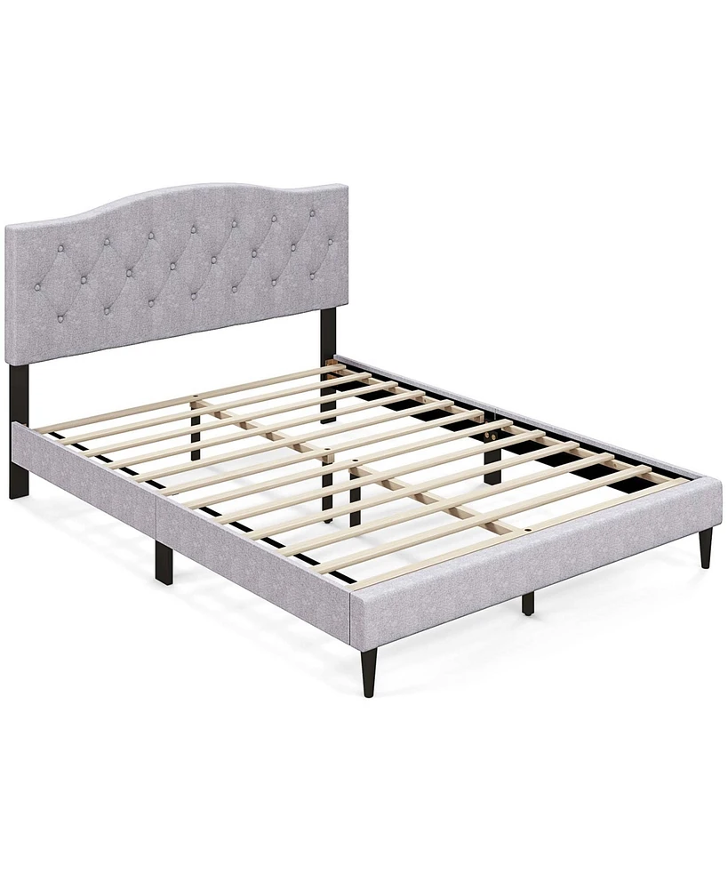 Costway Queen Size Upholstered Platform Bed Linen Bed Frame with Button Tufted Headboard